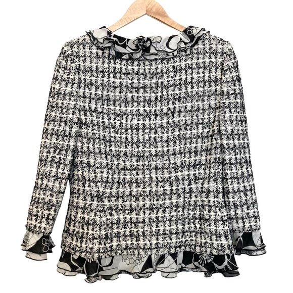 ST JOHN COUTURE Boucle Zip Up Jacket with Ruffled Silk Scarf Trim Chanel-Like - Picture 6 of 7